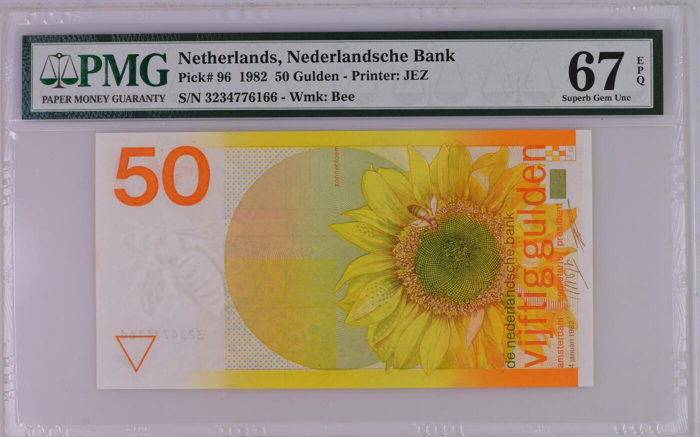 《外钞收藏家》第六百零三期（精选场）（本平台长期征集拍品、欢迎藏友们联系合作） 1982年荷兰50盾 向日葵 PMG67 尾看好6166靓号