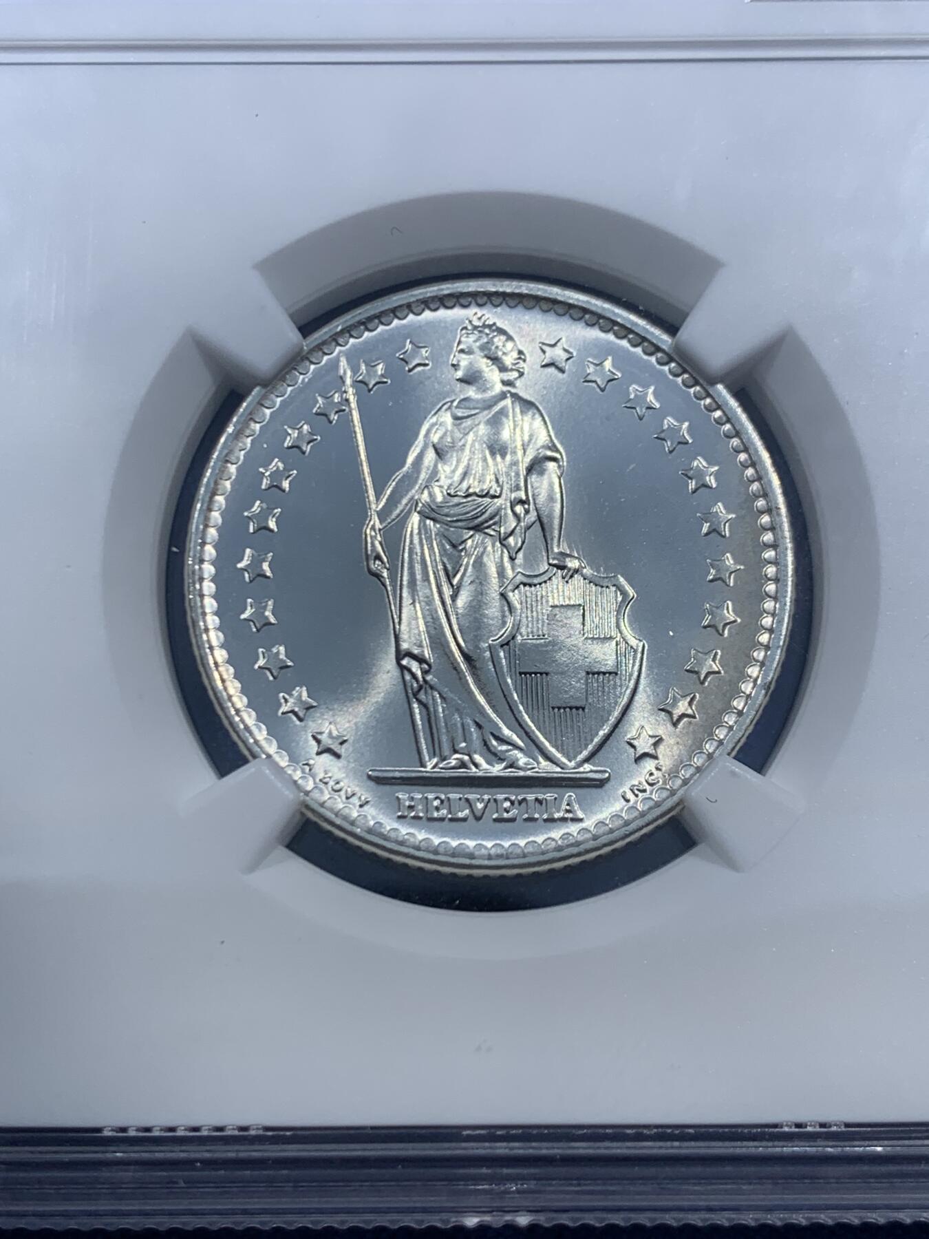 《竞宝斋》第459场 周日，周一，2场连拍 （全场包邮）欢迎送拍 NGC MS65 瑞士 1965B 2法郎银币