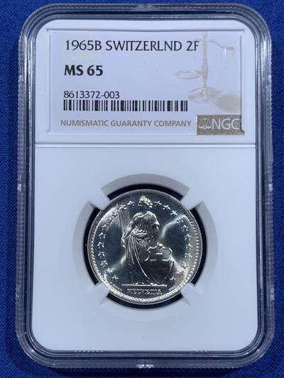 《竞宝斋》第459场 周日，周一，2场连拍 （全场包邮）欢迎送拍 - NGC MS65 瑞士 1965B 2法郎银币