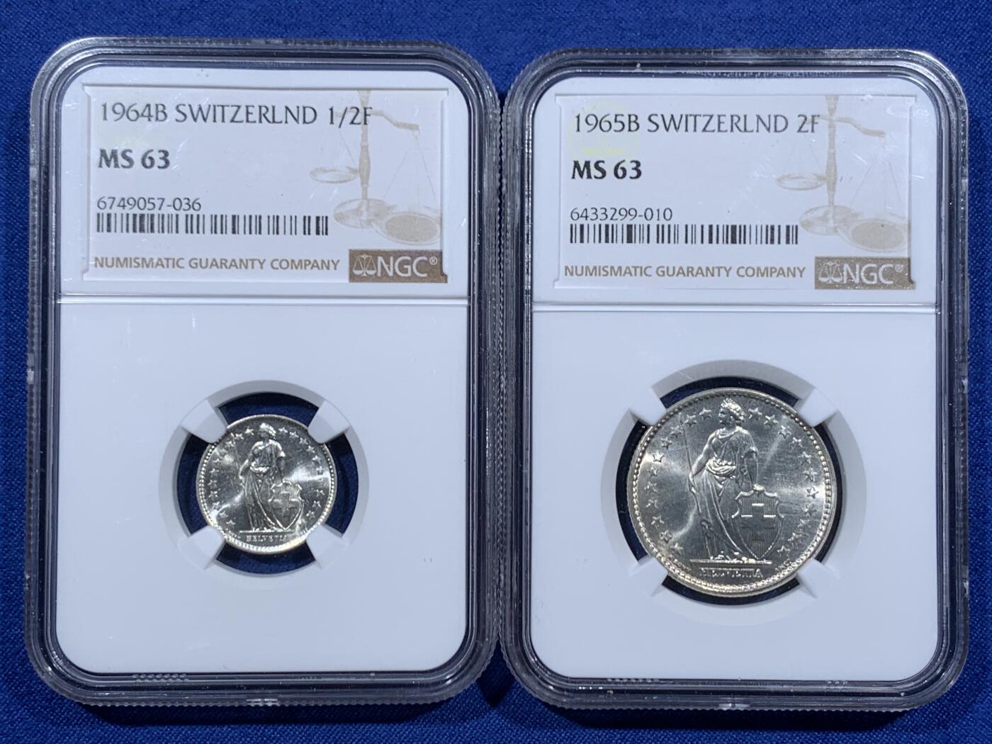 《竞宝斋》第459场 周日，周一，2场连拍 （全场包邮）欢迎送拍 两枚一组 NGC MS63 瑞士1964/1965年女神半法郎/2法郎银币