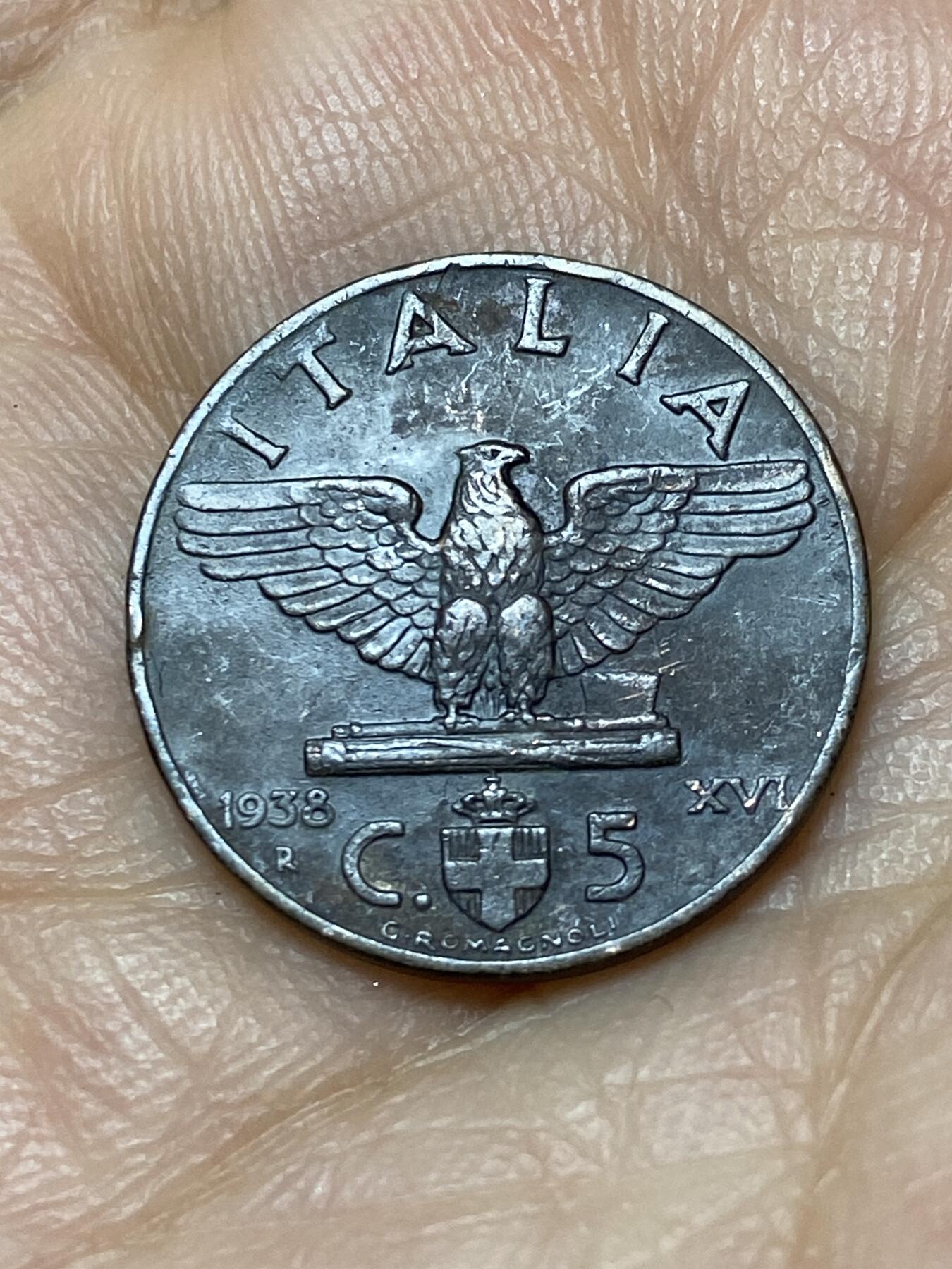 2026年第十一场(总第一百八十场）外国好品散币场(免佣金) 意大利王国1938年5分(维托里奥·埃马努埃莱三世第四套第一版，铜材质版)