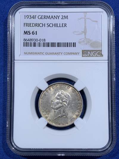 《竞宝斋》第459场 周日，周一，2场连拍 （全场包邮）欢迎送拍 - NGC MS61 德国1934年F厂诗人席勒175周年诞辰2马克纪念银币