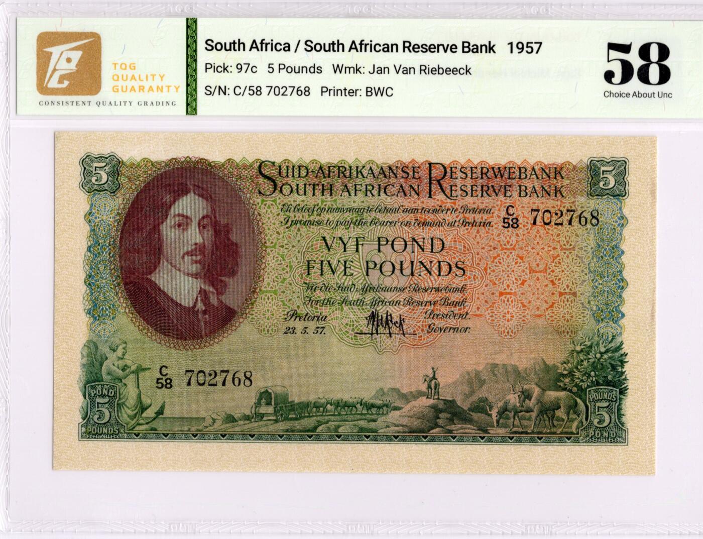 喜羊羊钱币收藏2026第13期(高性价比评级币场) 	南非	P-97c 1957年5镑		58				C/58 702768			