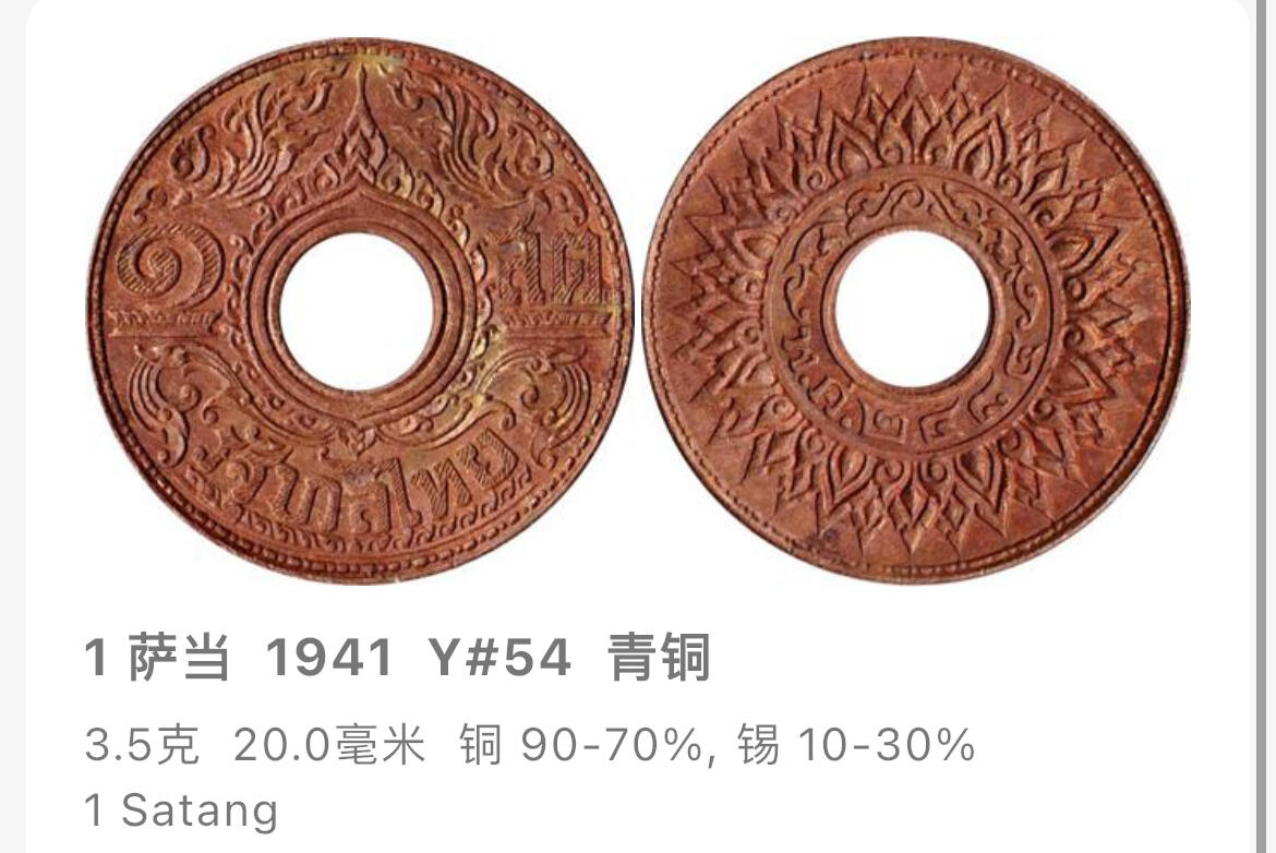回流0120 美品 泰国1941年拉玛八世1萨当青铜币
