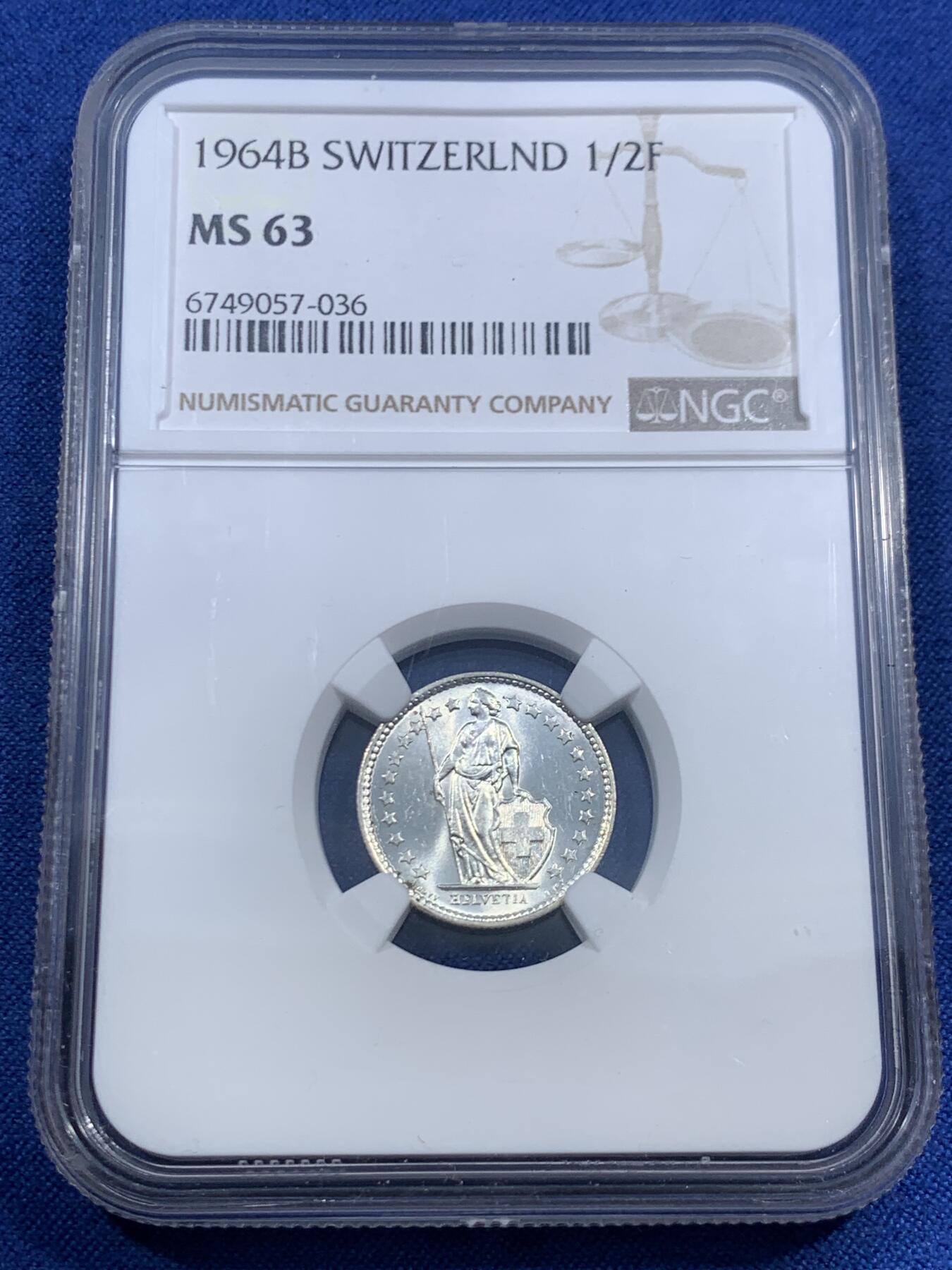 《竞宝斋》第459场 周日，周一，2场连拍 （全场包邮）欢迎送拍 两枚一组 NGC MS63 瑞士1964/1965年女神半法郎/2法郎银币