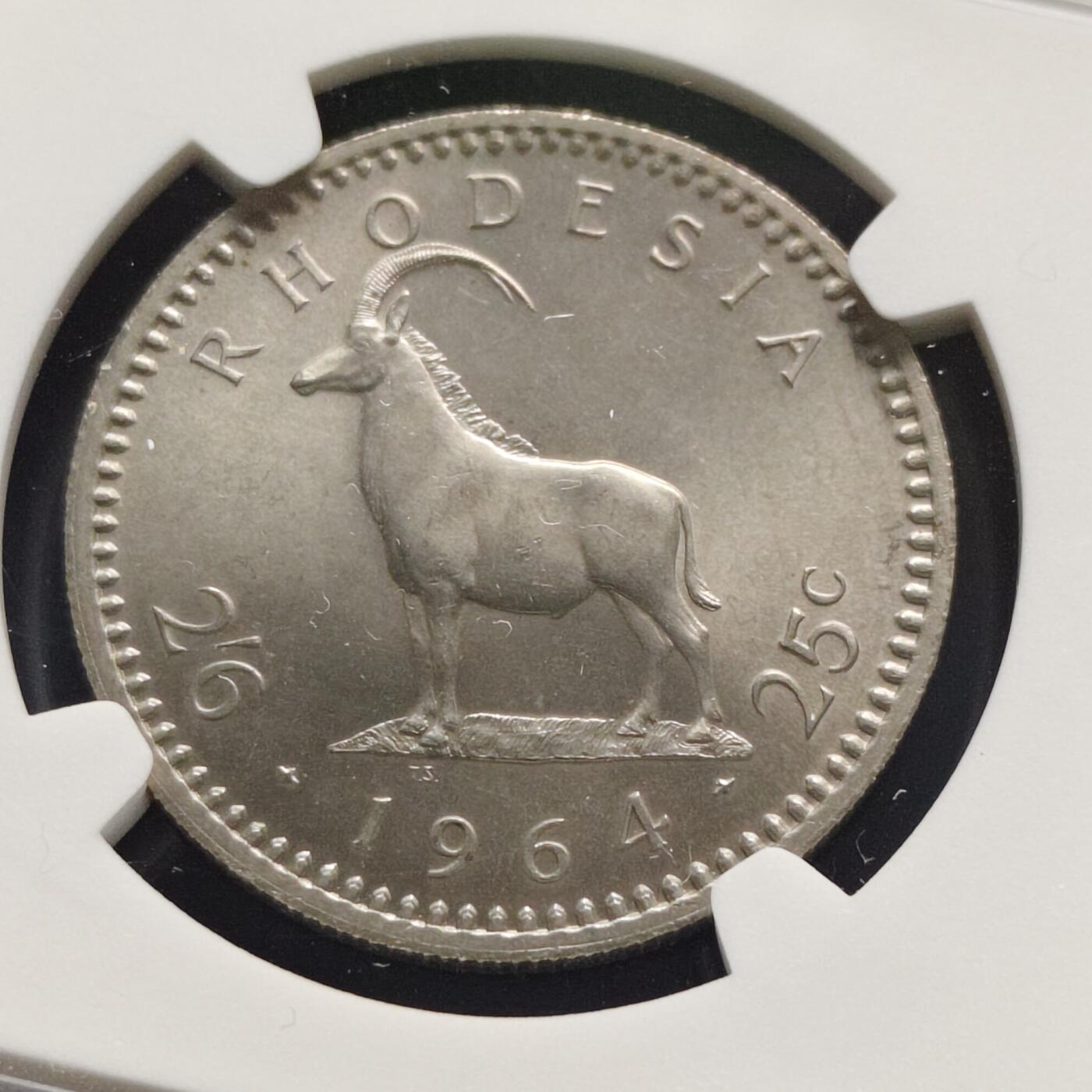 【全场包邮】纯粹捡漏拍497场-持续更新中 【收藏级·亚军分】英属罗德西亚1964年女王25分/2先令6便士双面值-NGC MS65