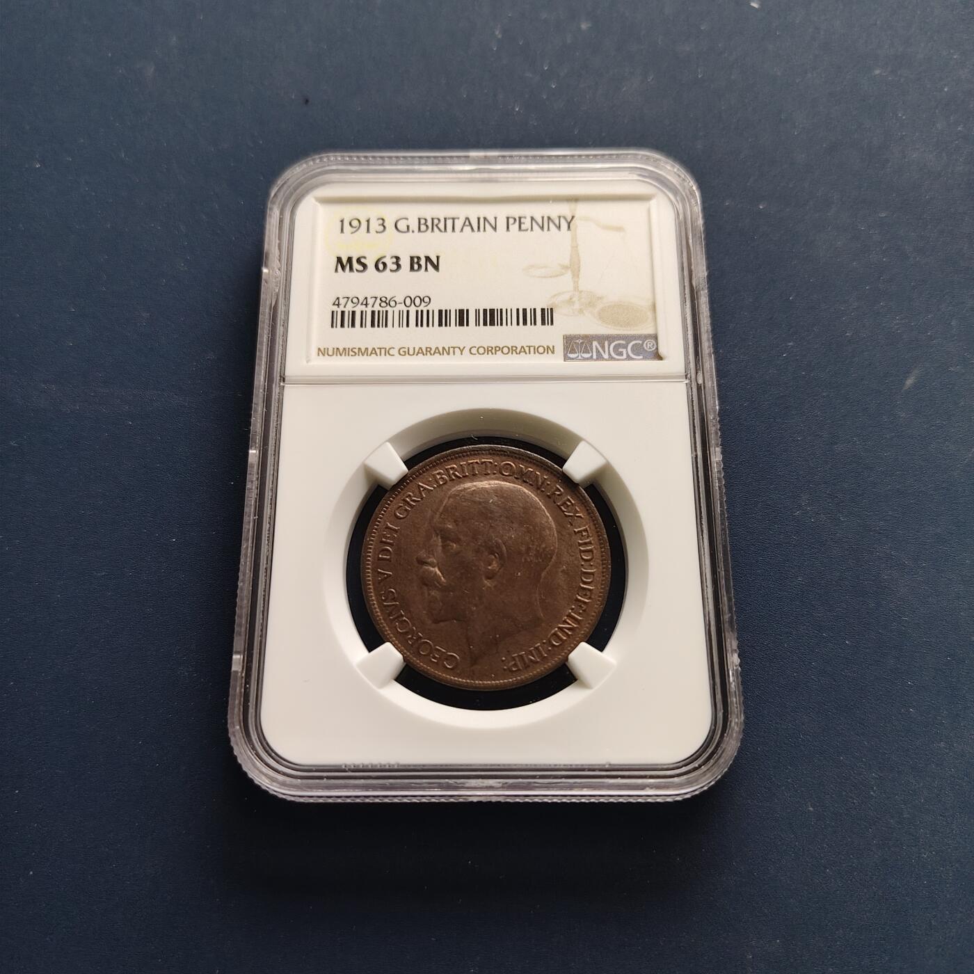 【全场包邮】纯粹捡漏拍497场-持续更新中 英国1913年乔治五世1便士铜币-NGC MS63 BN