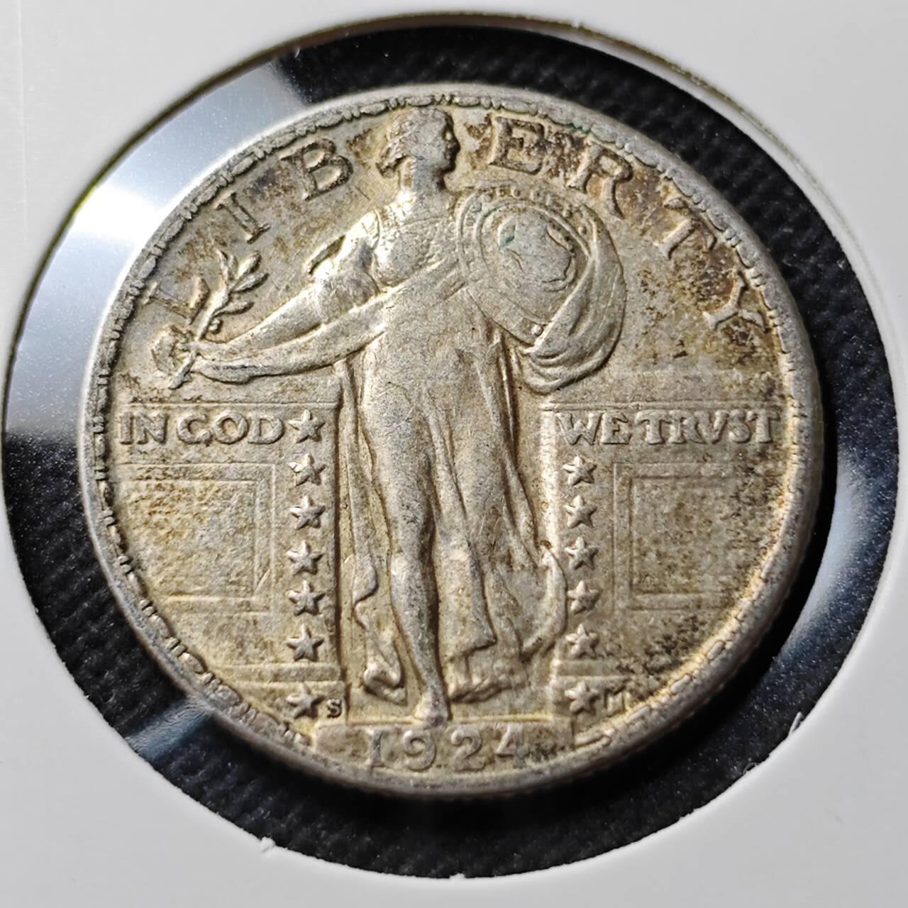 KK钱币收藏小铺  第400期  百期特拍（四拍之四）2月预留时间 周末发货  1924美国站人飞鹰25分银币 整体品不错