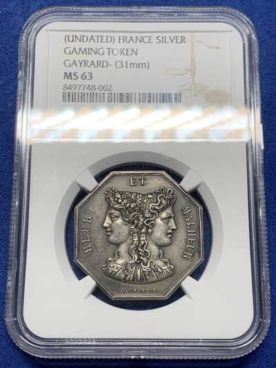 《竞宝斋》第459场 周日，周一，2场连拍 （全场包邮）欢迎送拍 - NGC MS63 高分 法国双面神-爱神丘比特银质八角代币 31mm