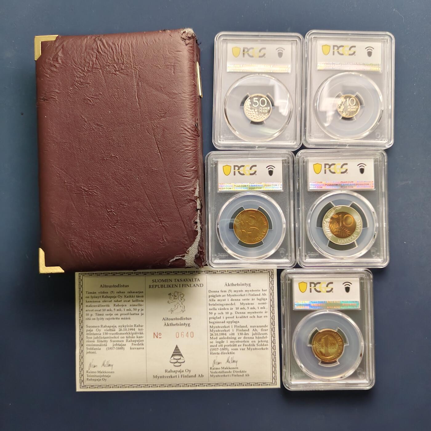 【全场包邮】纯粹捡漏拍497场-持续更新中 【收藏级·冠军分·少见】芬兰1994年PCGS评级5枚均为冠军分精制套币-盒证全-量4000-PCGS PR68-70 DCAM
