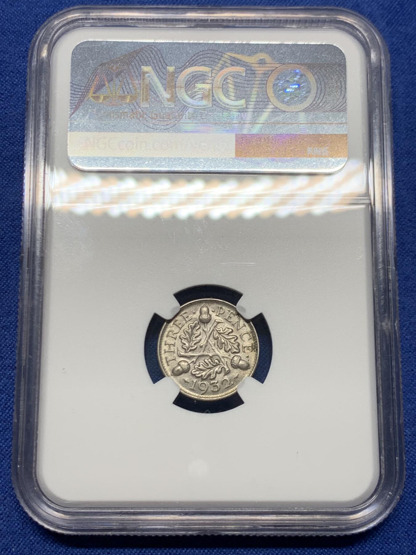 《竞宝斋》第459场 周日，周一，2场连拍 （全场包邮）欢迎送拍 NGC MS64 英国1932年乔治五世3便士银币，普通品种，高分也挺难得