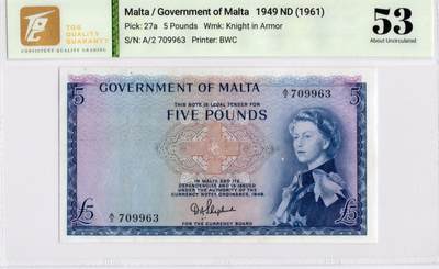 喜羊羊钱币收藏2026第13期(高性价比评级币场) - 马耳他	P-27a 1949(ND1961)年5镑	53				A/2 709963			