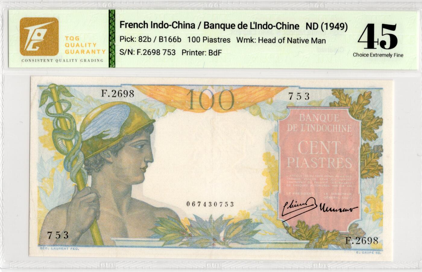 喜羊羊钱币收藏2026第13期(高性价比评级币场) 	法属印度支那	P-82b 1947-54年100皮阿斯特			45				F.2698 753			