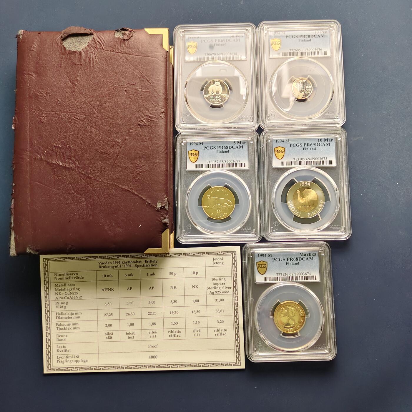 【全场包邮】纯粹捡漏拍497场-持续更新中 【收藏级·冠军分·少见】芬兰1994年PCGS评级5枚均为冠军分精制套币-盒证全-量4000-PCGS PR68-70 DCAM