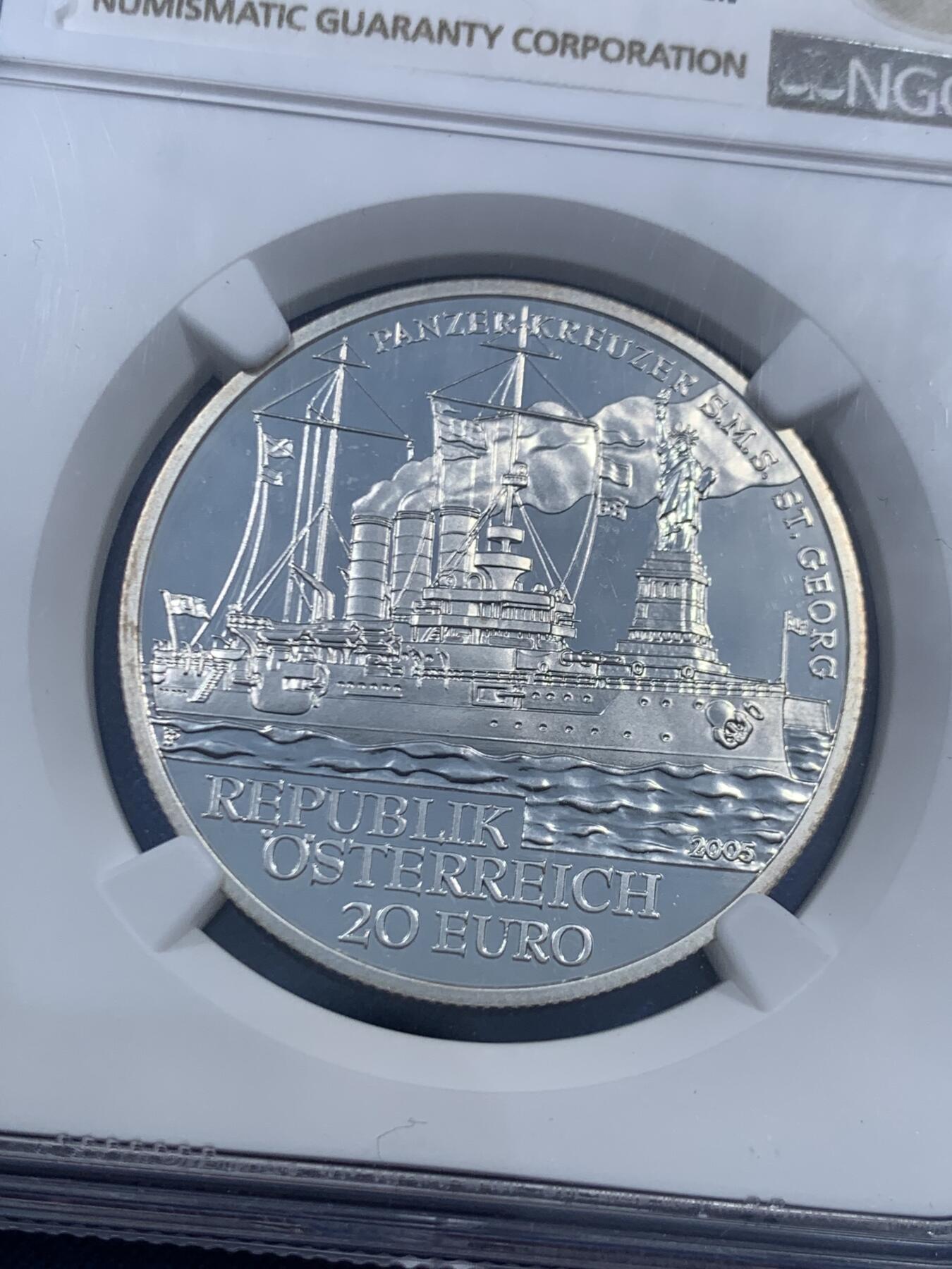 《竞宝斋》第459场 周日，周一，2场连拍 （全场包邮）欢迎送拍 NGC PF69UC 奥地利2005年获奖银币，克劳斯最佳银币。 圣乔治号战列舰，20欧元，精制纪念银币