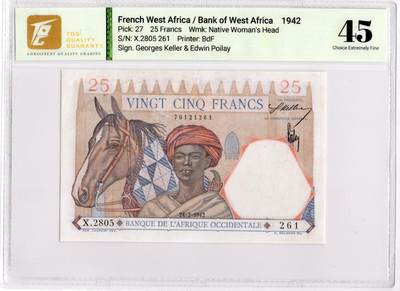 喜羊羊钱币收藏2026第13期(高性价比评级币场) - 法属西非	P-27 1942年25法郎		45				X.2805 261			