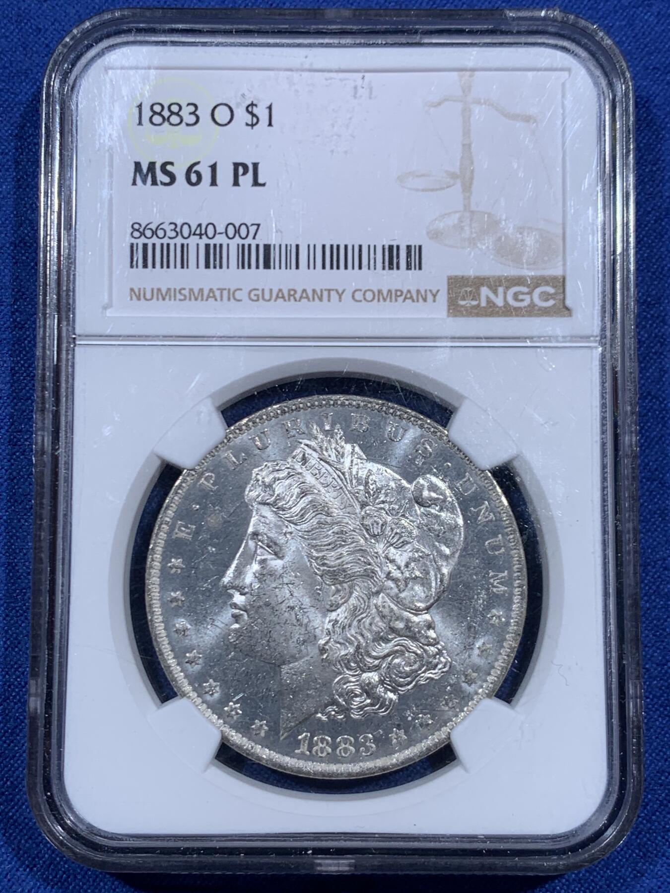 《竞宝斋》第459场 周日，周一，2场连拍 （全场包邮）欢迎送拍 NGC MS61PL 美国1883年摩根1美元银币 少见的PL版本