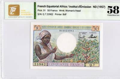 喜羊羊钱币收藏2026第13期(高性价比评级币场) - 法属赤道非洲	P-31 1957年50法郎		58				Q.7 23902			