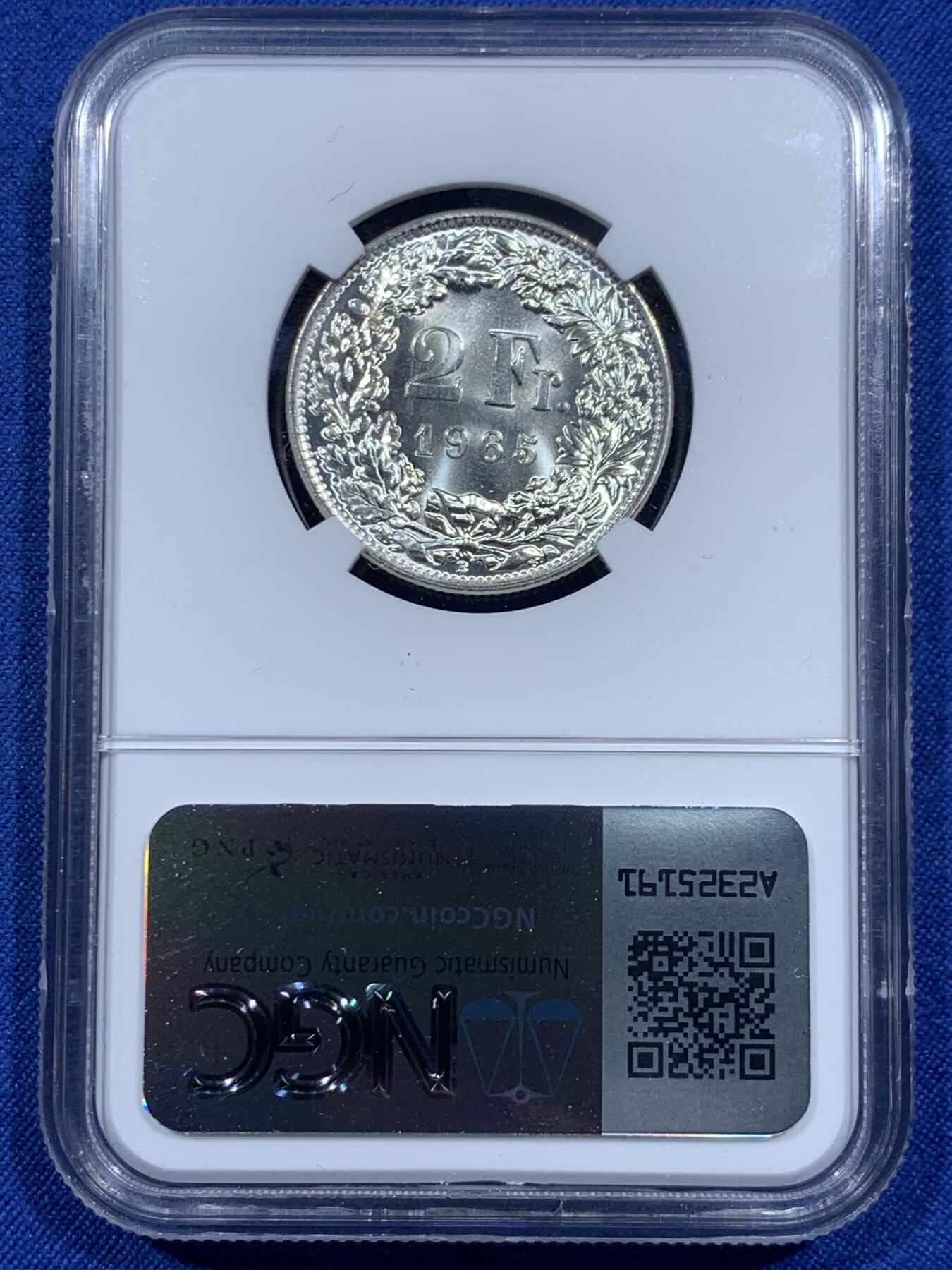 《竞宝斋》第459场 周日，周一，2场连拍 （全场包邮）欢迎送拍 NGC MS65 瑞士 1965B 2法郎银币