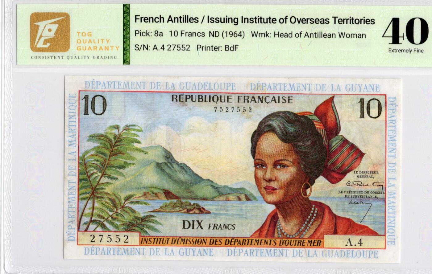 喜羊羊钱币收藏2026第13期(高性价比评级币场) 法属安地列斯	P-8a 1964年10法郎			40				A.4 27552			