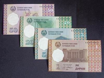 【游宝拍卖】乙巳蛇年第109期 佣金1元起 - 塔吉克斯坦-50/20/5/1迪拉姆【1999年 全新UNC/UNC-】