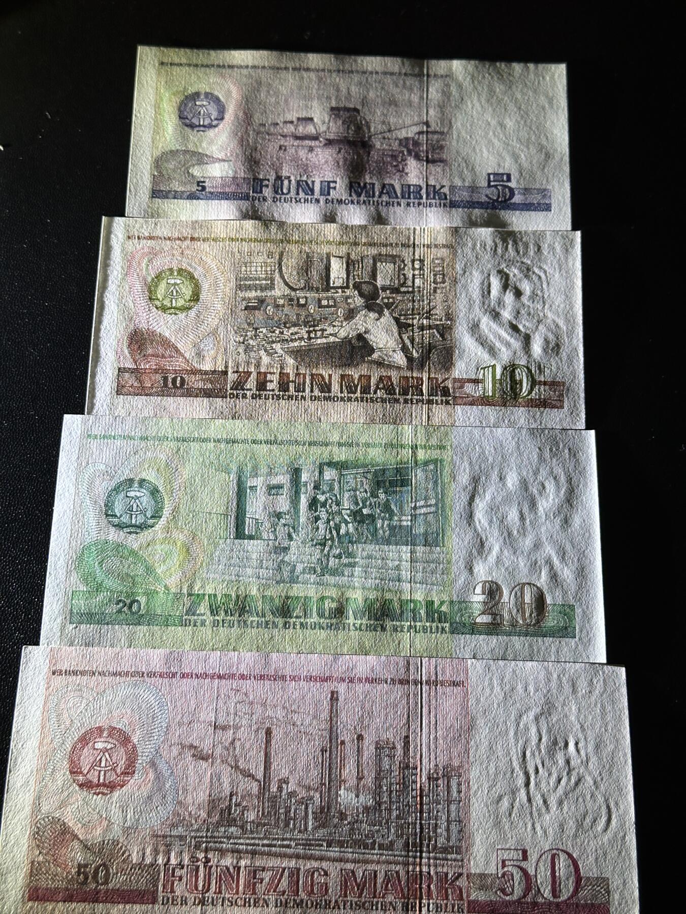 《外钞收藏家》第六百零三期（精选场）（本平台长期征集拍品、欢迎藏友们联系合作） 东德5-50马克 全新UNC 四张一起 50轻微荧光反应