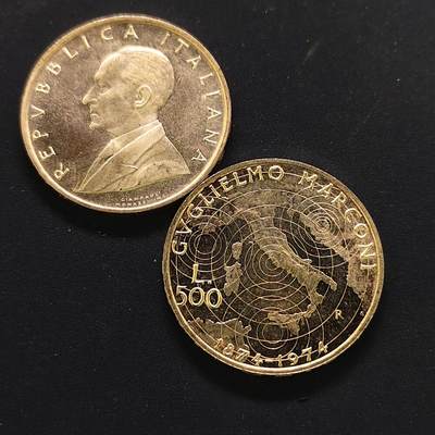 【全场包邮】纯粹捡漏拍497场-持续更新中 - 意大利1974年500里拉马可尼百年纪念银币2枚一组【29毫米11克83.5%X2枚】