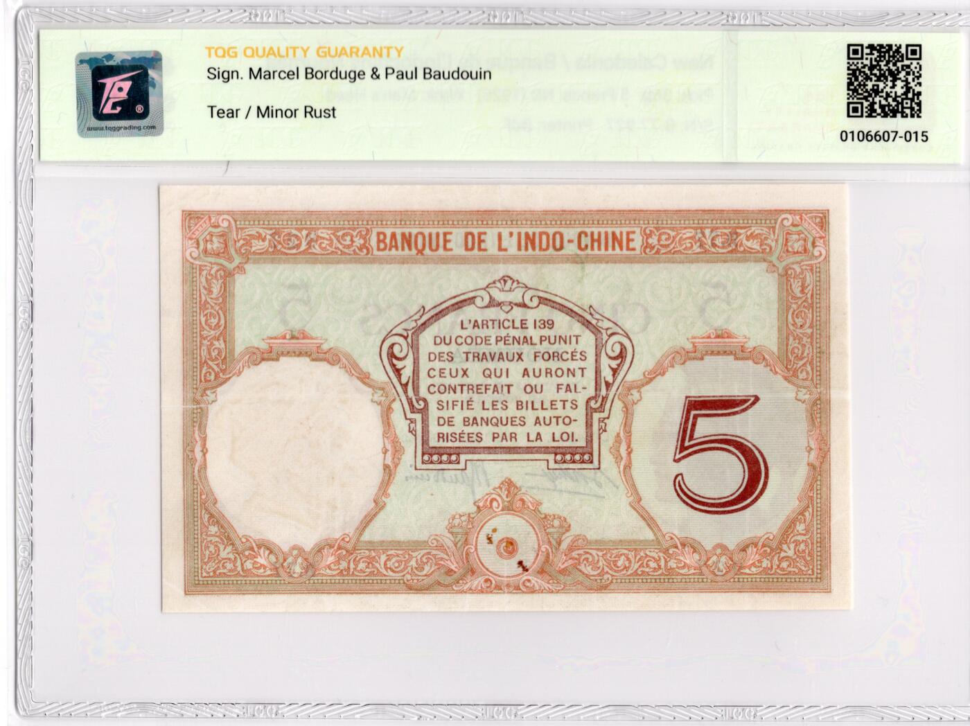 喜羊羊钱币收藏2026第13期(高性价比评级币场) 	新喀里多尼亚	P-36b 1926年5法郎			35				B.77 927			