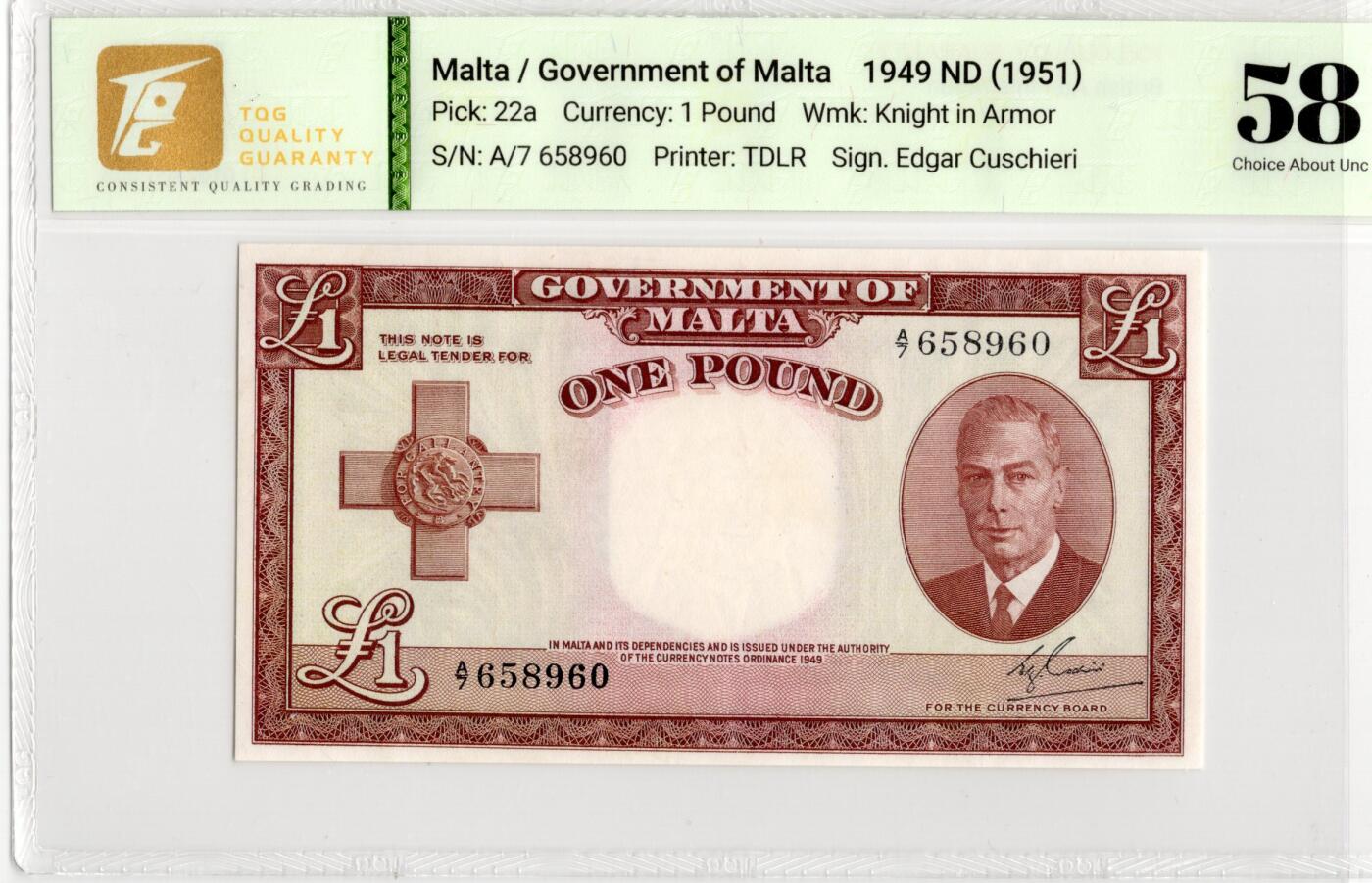 喜羊羊钱币收藏2026第13期(高性价比评级币场) 马耳他	P-22a 1951年1镑			58				A/7 658960				
