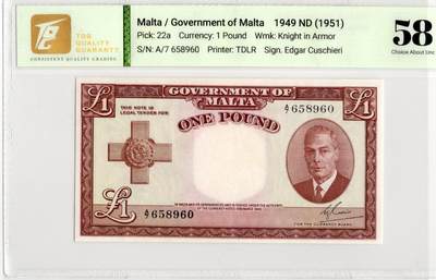 喜羊羊钱币收藏2026第13期(高性价比评级币场) - 马耳他	P-22a 1951年1镑			58				A/7 658960				