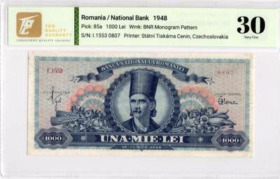 喜羊羊钱币收藏2026第13期(高性价比评级币场) - 	罗马尼亚	P-85a 1948年1000列伊		130				T.4553 0807			