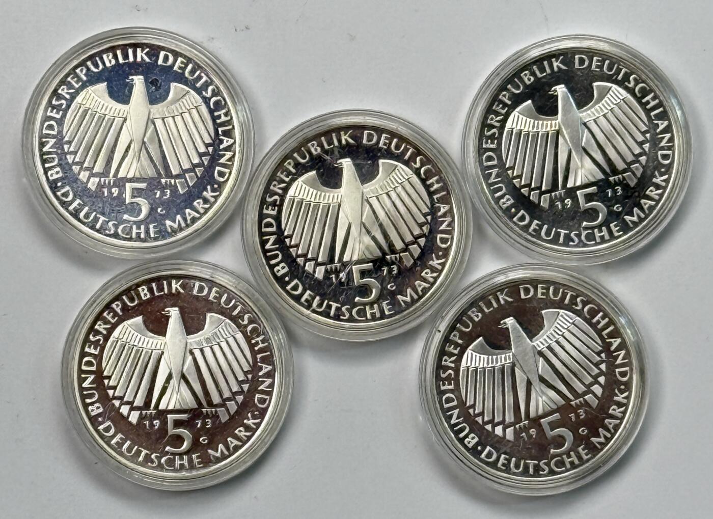 S&S Numismatic世界钱币-拍卖 第119期  5枚一起-德国1973年 法兰克福国民议会125周年 5马克精制纪念银币，56克625银，品相如图