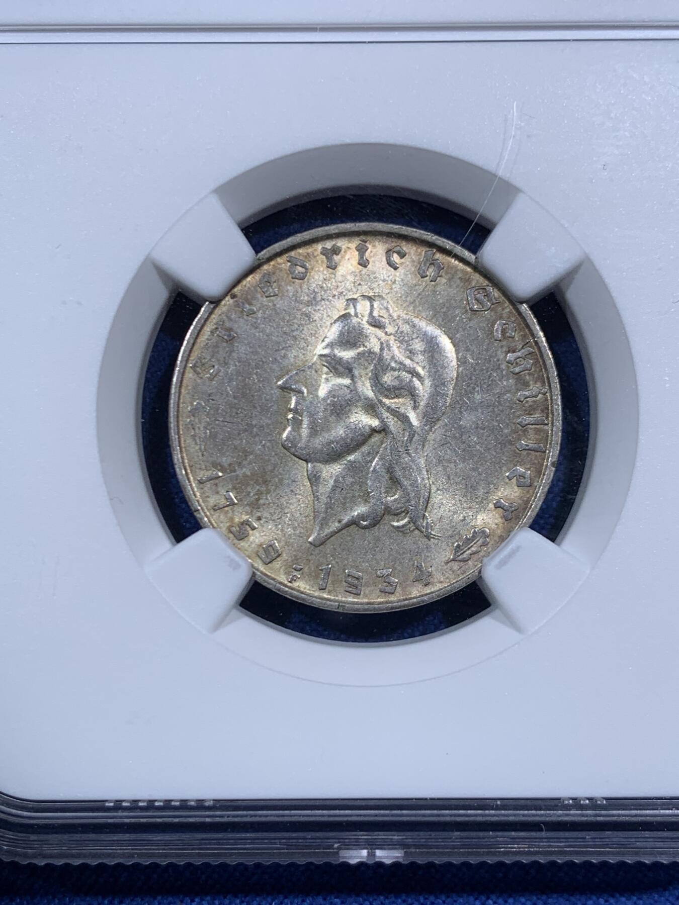 《竞宝斋》第459场 周日，周一，2场连拍 （全场包邮）欢迎送拍 NGC MS61 德国1934年F厂诗人席勒175周年诞辰2马克纪念银币