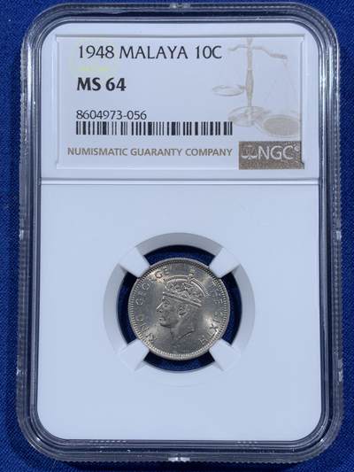 《竞宝斋》第459场 周日，周一，2场连拍 （全场包邮）欢迎送拍 - NGC MS64 英属马来亚1948年10分 乔六好品不多见！