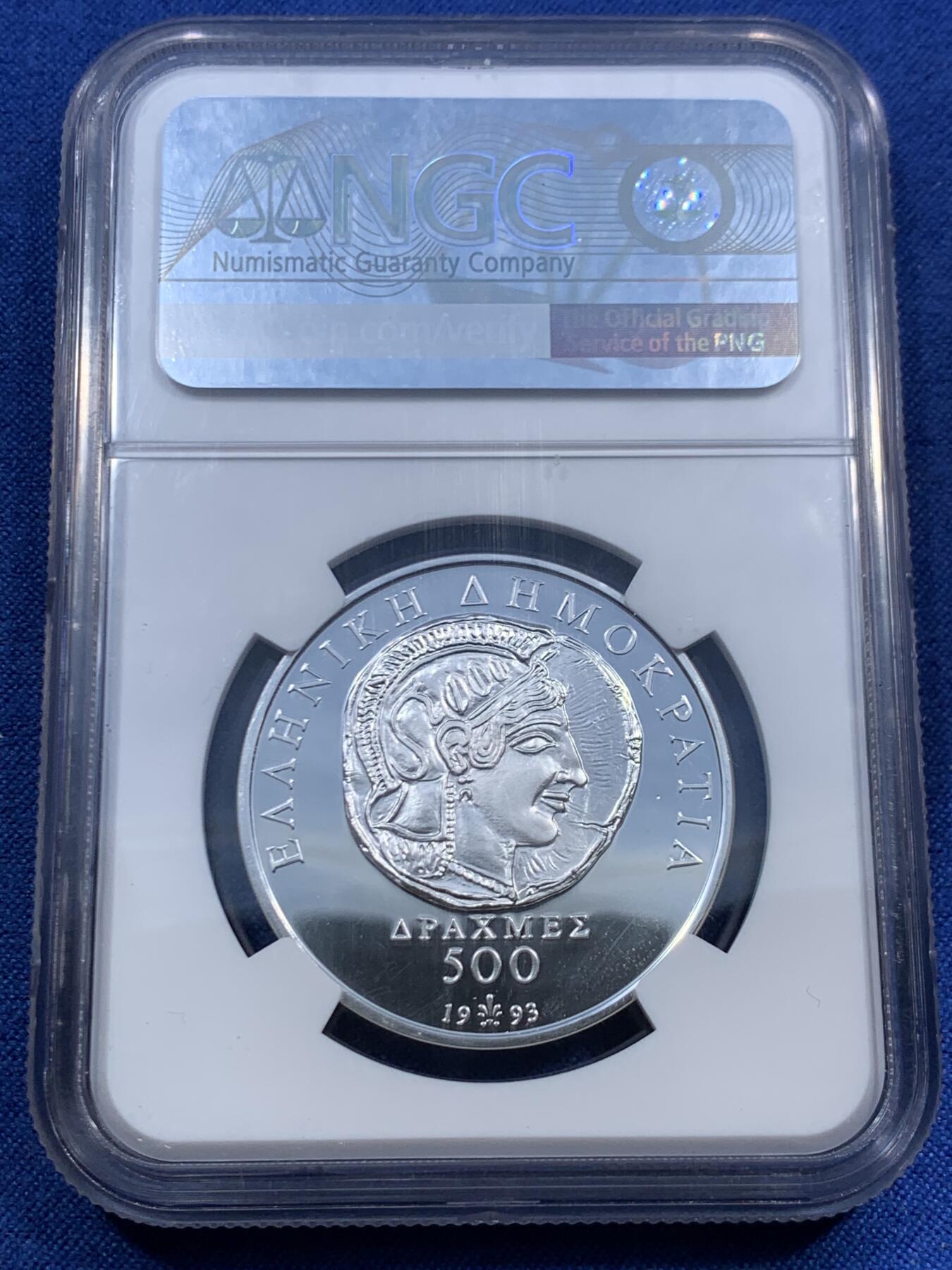 《竞宝斋》第459场 周日，周一，2场连拍 （全场包邮）欢迎送拍 冠军分 NGC PF69CAMEO 希腊 1993年 民主2500周年纪念 500德拉克马银币 带证书