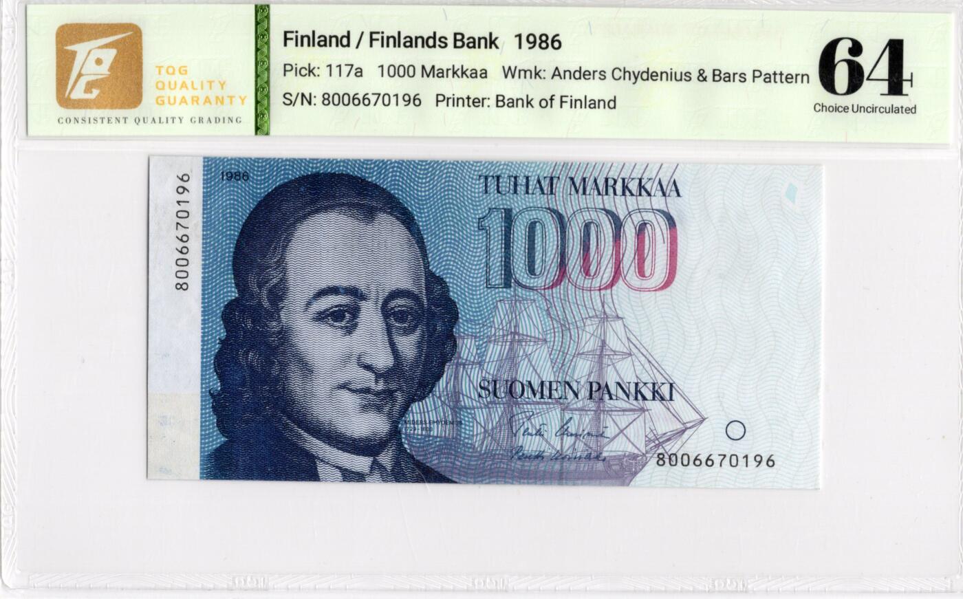 喜羊羊钱币收藏2026第14期(评级币场) 	芬兰	P-117a 1986年1000马克		64				8006670196			