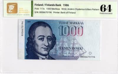 喜羊羊钱币收藏2026第14期(评级币场) - 	芬兰	P-117a 1986年1000马克		64				8006670196			