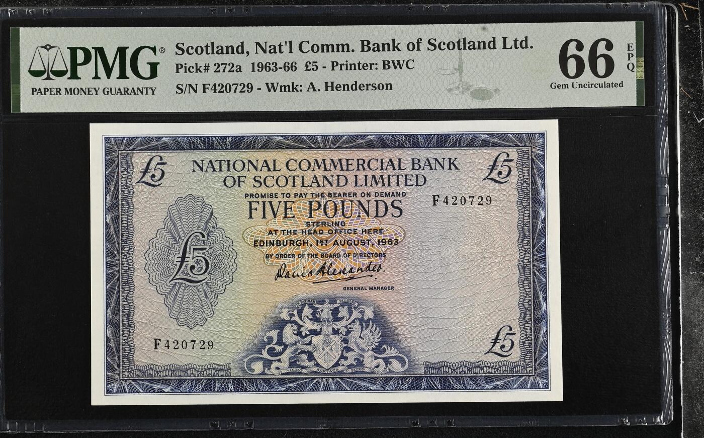 《外钞收藏家》第六百零三期（精选场）（本平台长期征集拍品、欢迎藏友们联系合作） 【亚军】苏格兰 Pick272a Pmg66e 1964 5 G451644 BWC作品 入库量少亚军 分色彩过渡自然丝滑顺畅雕刻细腻光亮深暗层次分明爱丁堡城堡位于死火山花岗岩顶上是重要的皇家住所和国家行政中心是苏格兰的重要象征