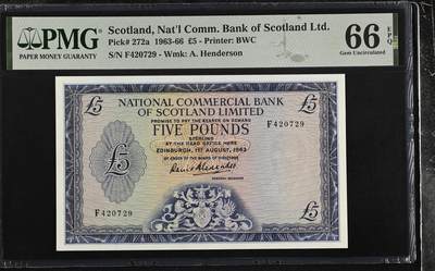 《外钞收藏家》第六百零三期（精选场）（本平台长期征集拍品、欢迎藏友们联系合作） - 【亚军】苏格兰 Pick272a Pmg66e 1963年 BWC作品 入库量少亚军 分色彩过渡自然丝滑顺畅雕刻细腻光亮深暗层次分明爱丁堡城堡位于死火山花岗岩顶上是重要的皇家住所和国家行政中心是苏格兰的重要象征