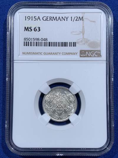 《竞宝斋》第459场 周日，周一，2场连拍 （全场包邮）欢迎送拍 - NGC MS63 德国1915年1/2马克 转光强烈