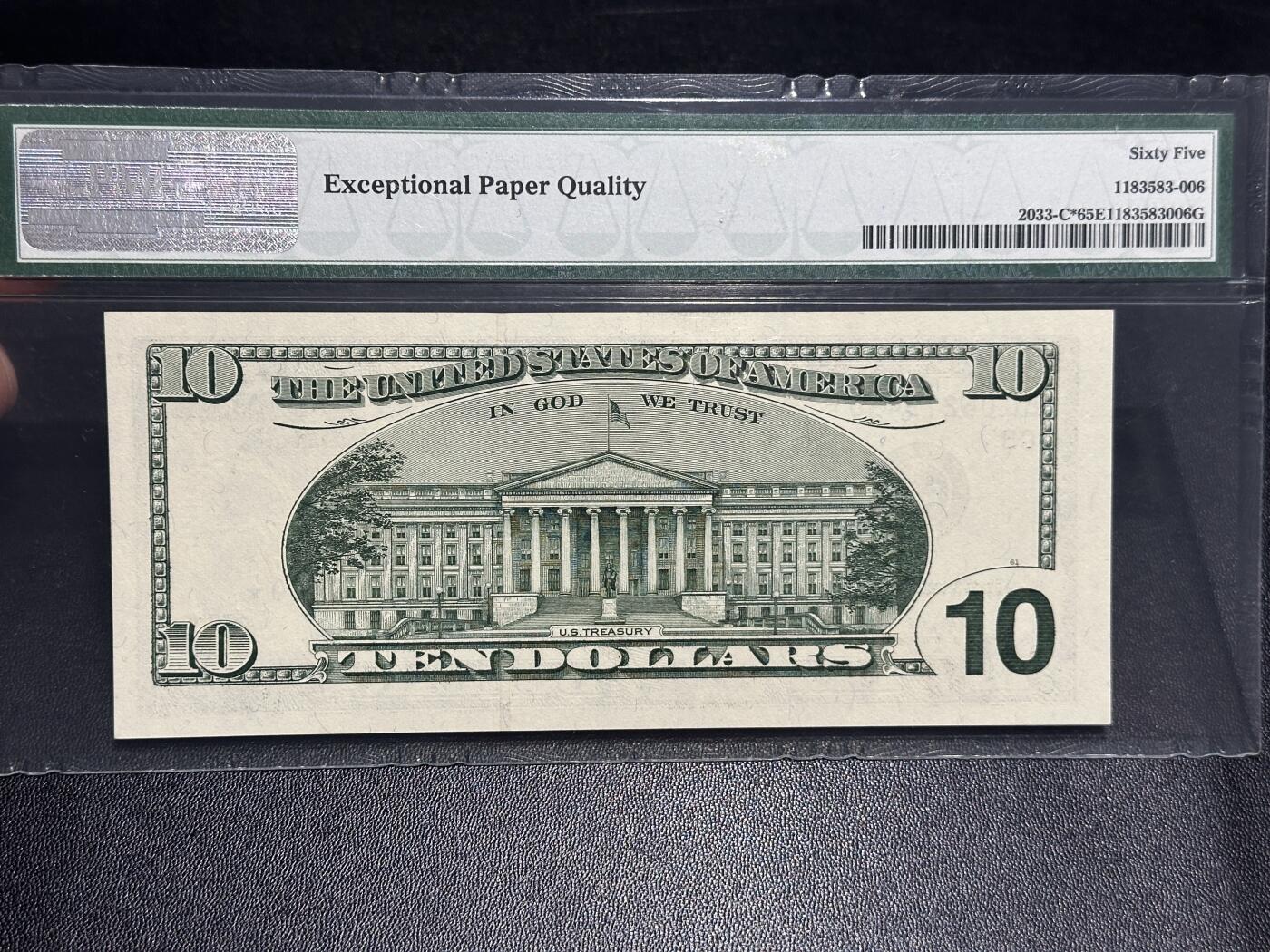 《外钞收藏家》第六百零三期（精选场）（本平台长期征集拍品、欢迎藏友们联系合作） 1999年美国大头版10美元 PMG65 补号