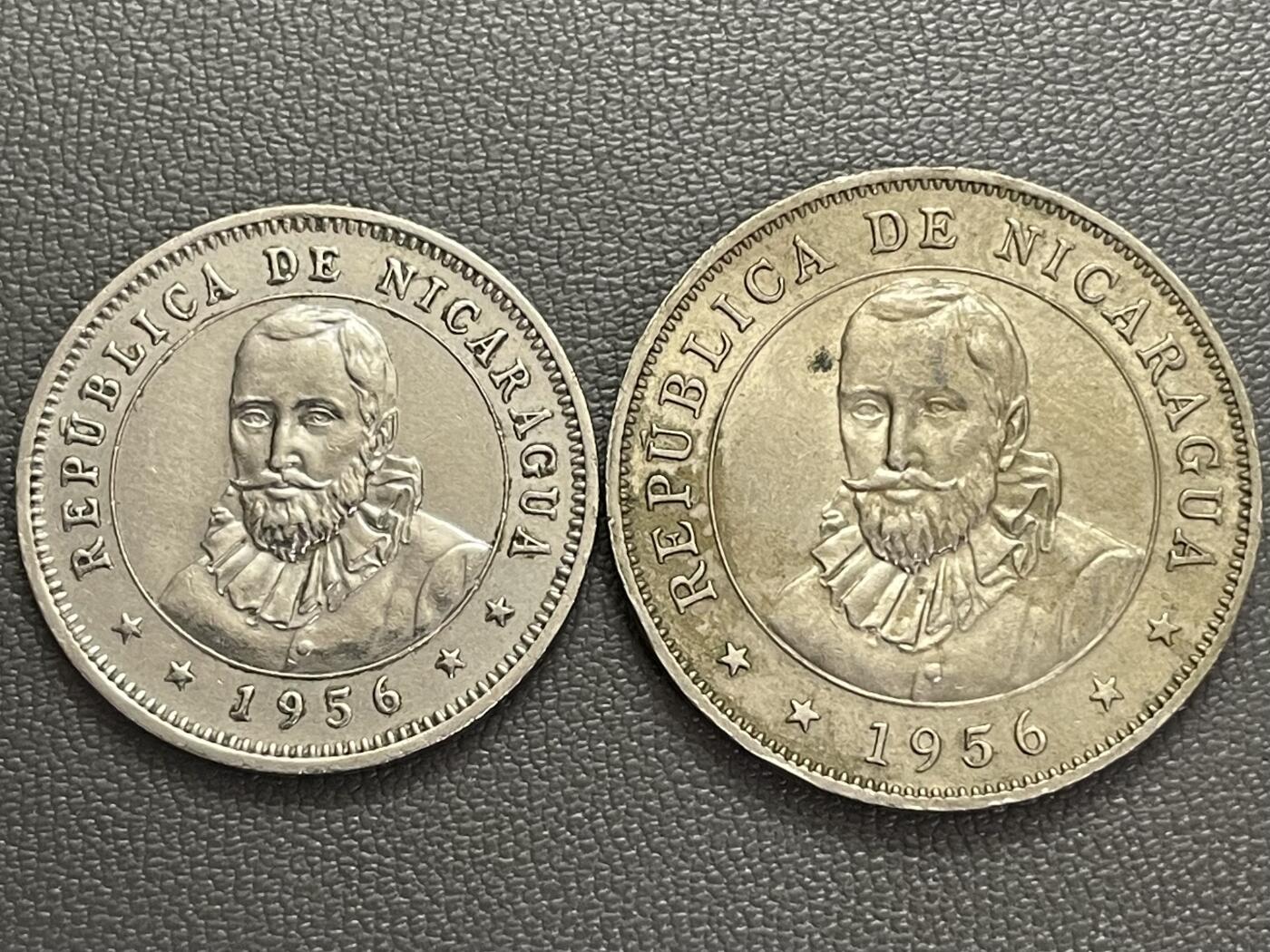 回流0120 少见  尼加拉瓜1956年25分、50分铜镍币 西班牙探险家埃尔南·科尔特斯/马萨亚火山日出
