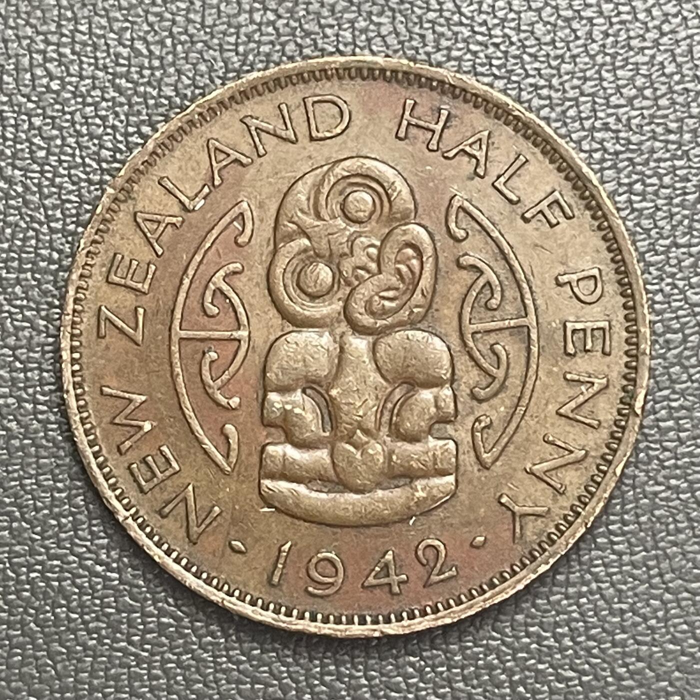 回流0120 新西兰1942年1/2便士青铜币 毛利人护身符 乔治六世