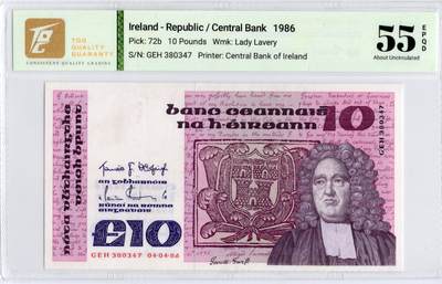 喜羊羊钱币收藏2026第13期(高性价比评级币场) - 爱尔兰	P-72b 1986年10镑		55E				GEH380347			