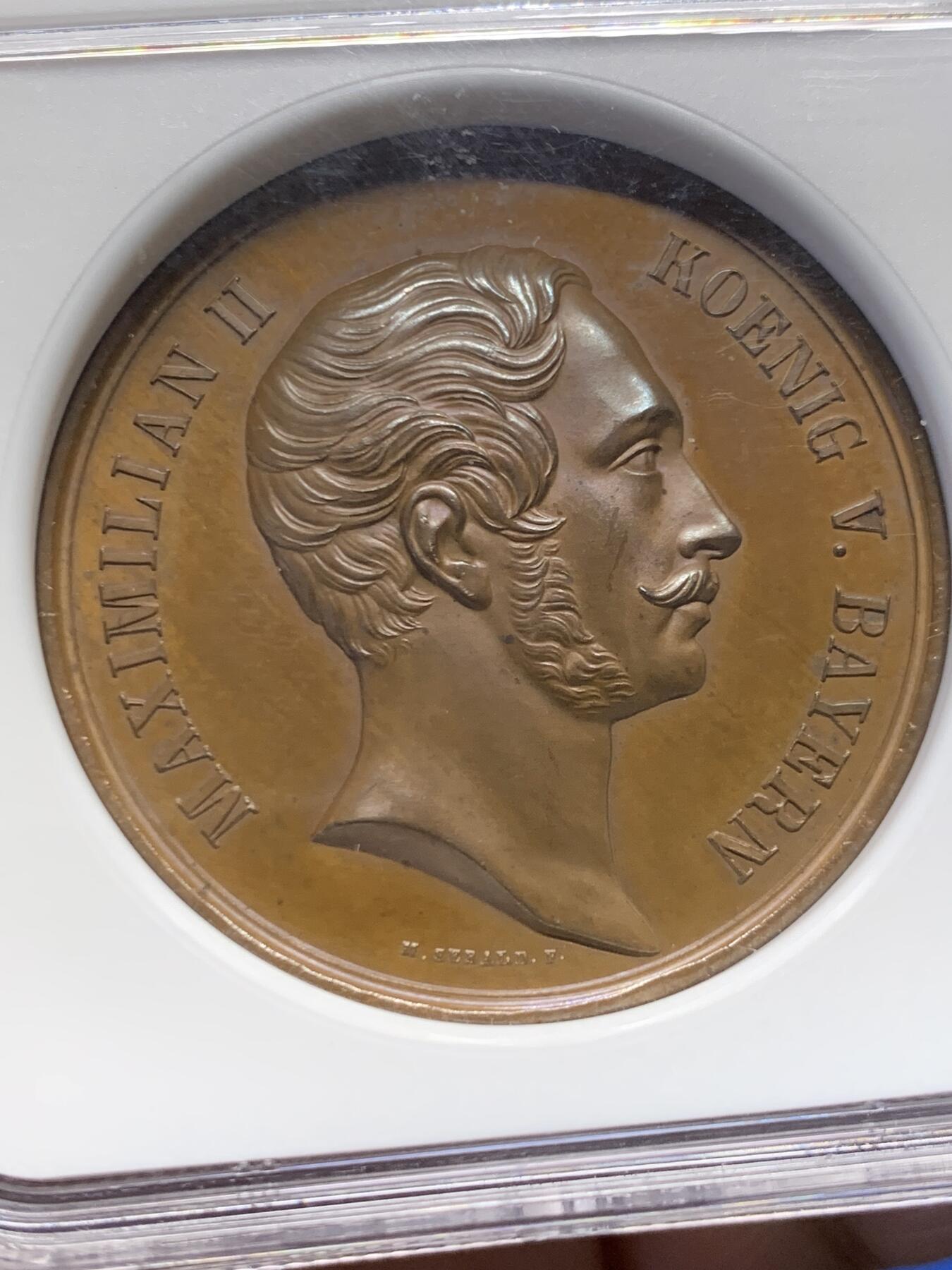 《竞宝斋》第459场 周日，周一，2场连拍 （全场包邮）欢迎送拍 NGC MS64BN 德国巴伐利亚 马克西米安二世  博览会纪念铜章 加厚盒装