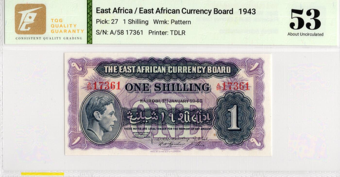 喜羊羊钱币收藏2026第13期(高性价比评级币场) 	东非	P-27 1943年1先令		53				A/58 17361			