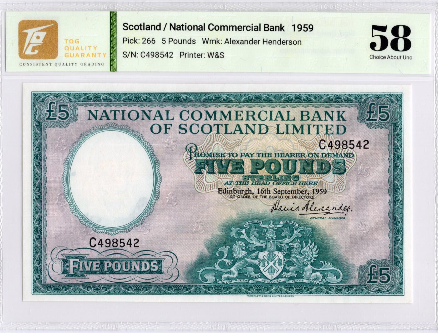喜羊羊钱币收藏2026第13期(高性价比评级币场) 	苏格兰/国民商业银行	P-266 1959年5镑	58				C498542			