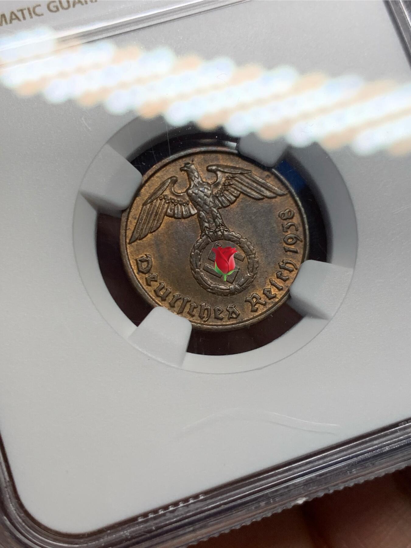 《竞宝斋》第459场 周日，周一，2场连拍 （全场包邮）欢迎送拍 NGC MS63BN 德国1938J厂2芬尼铜币，经典品种，少见一点的厂别