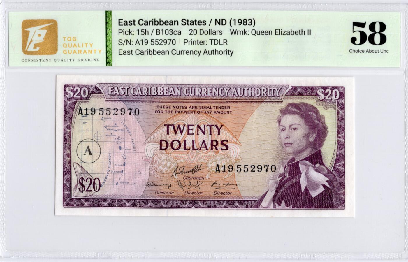 喜羊羊钱币收藏2026第13期(高性价比评级币场) 	东加勒比	P-15h 1983年20元			58				A19 552970			