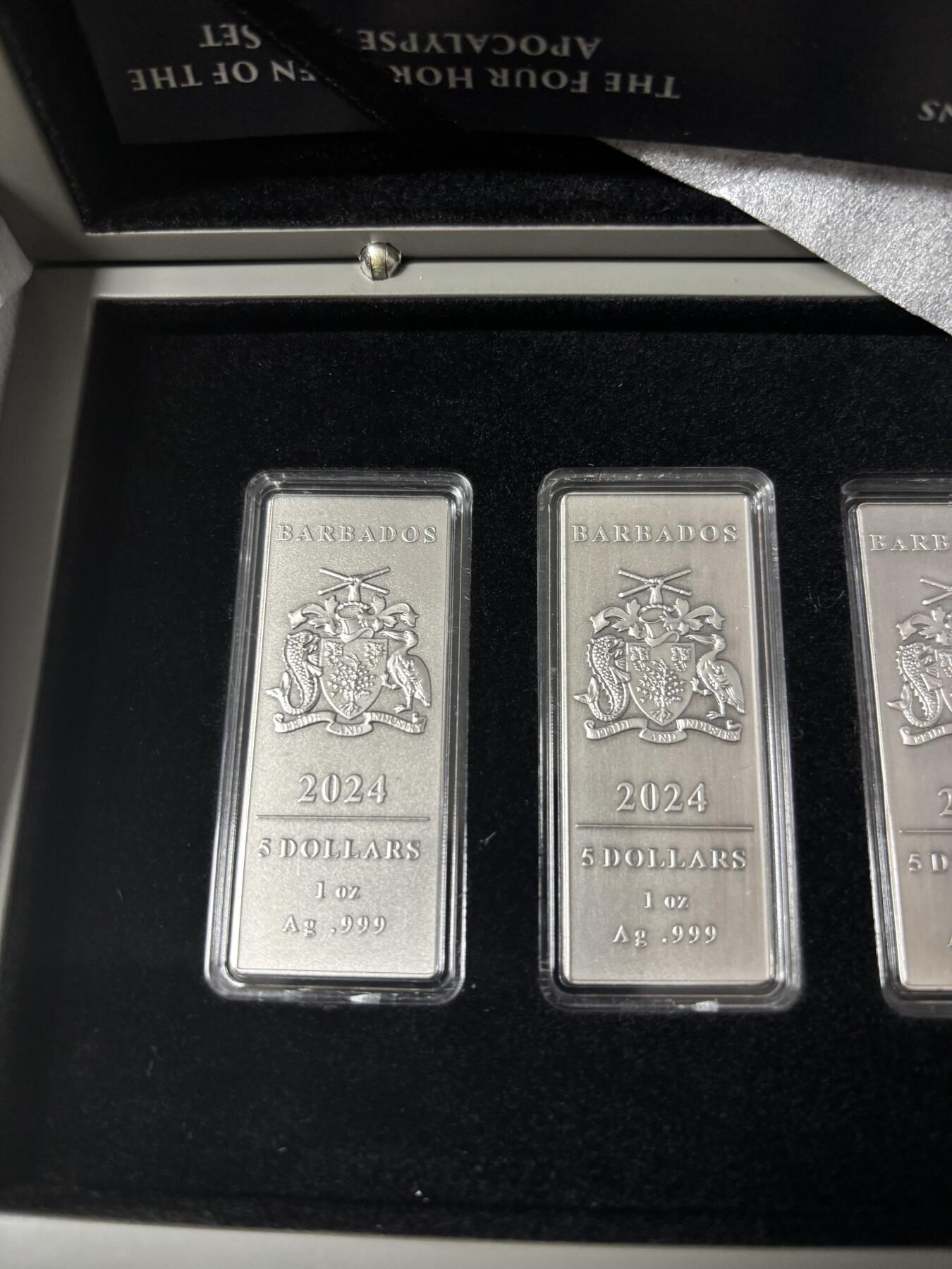第189期拍卖 巴巴多斯2024年天启四骑士见证末日降临条形银币套，999银，1盎司*4，发行500套
